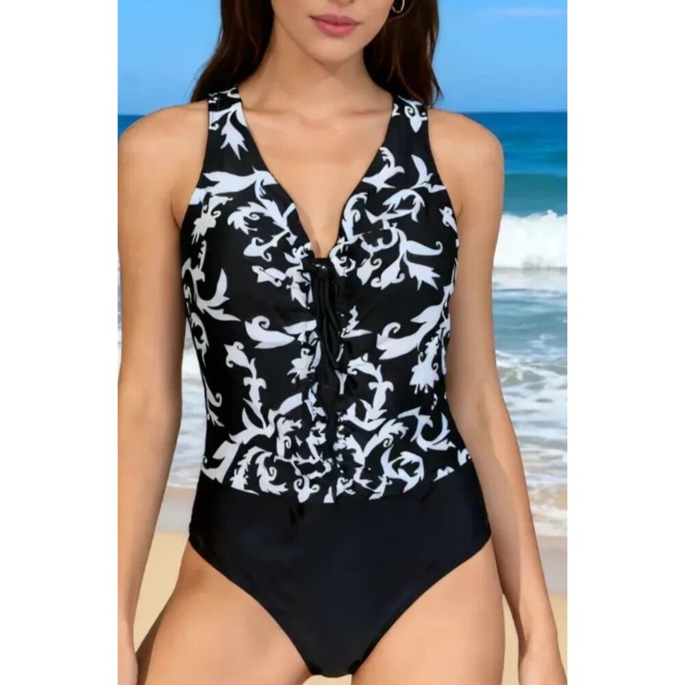 Womens M/L Navy Blue Floral Print  One Piece Swimsuit TummyControl Padded Ruched